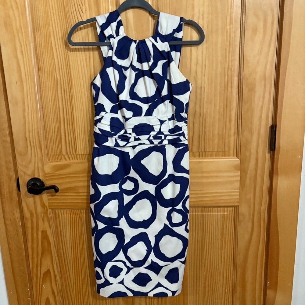 DAVID MEISTER Navy Blue and White Geometric Design Dress